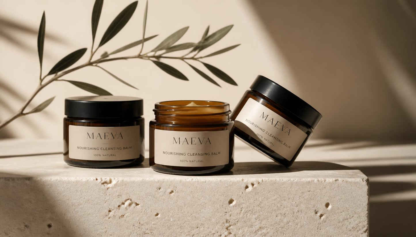 Three Tallow Theory balm jars on a cream stone plinth with olive branch